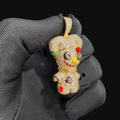 14K Gold Iced Out Voodoo Bear Pendant | CZ Diamond Hip Hop Necklace | Stitched Doll Bling Charm with Free 22β24" Chain