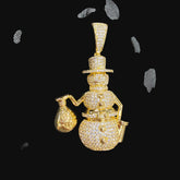 14K Gold Iced Out Snowman Pendant | CZ Diamond Hip Hop Necklace | Money Bag Bling Charm