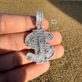 14K White Gold Plated Money Sign Iced Pendant