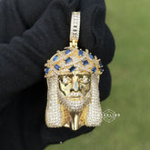 Jesus Iced Out Pendant with Blue Sapphire Crown