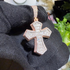Moissanite Rose Baguette 3D Cross Pendant