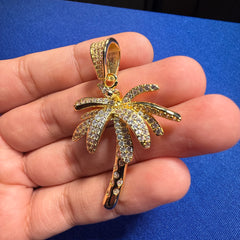 14K Gold Plated Iced Out Palm Tree Pendant + Steel Rope Chain