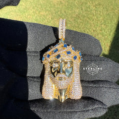 Jesus Iced Out Pendant with Blue Sapphire Crown