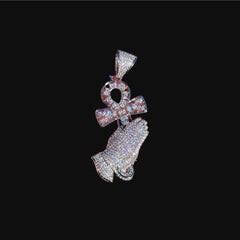 Prayer Hands Ankh Iced Pendant 14k White Gold Plated + Steel Rope Chain
