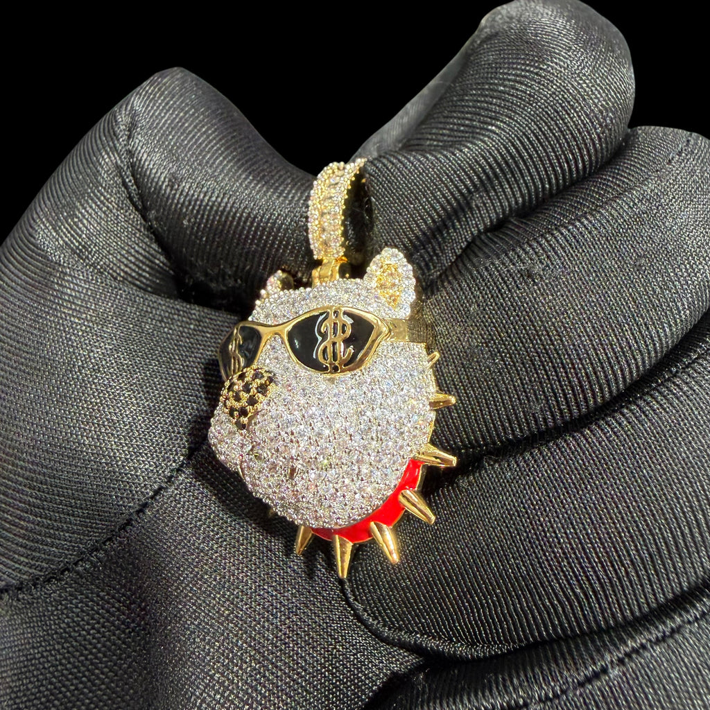 14K Gold Iced Out Bulldog Pendant | CZ Diamond Hip Hop Dog Necklace | Dollar Sign Sunglasses Bling Charm