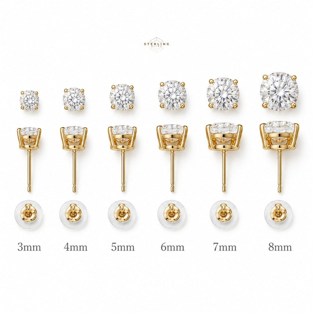 10K Solid Gold Moissanite Stud Earrings, D Color VVS Round Basket Studs, Push Back Earrings, 3mm-8mm, 0.2-4 CTW Gift