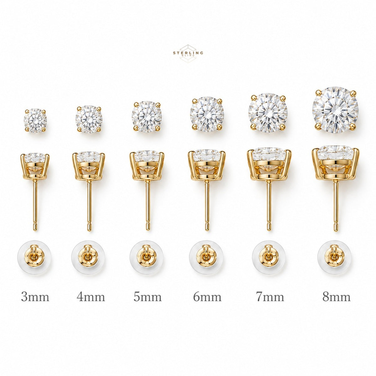 10K Solid Gold Moissanite Stud Earrings, D Color VVS Round Basket Studs, Push Back Earrings, 3mm-8mm, 0.2-4 CTW Gift
