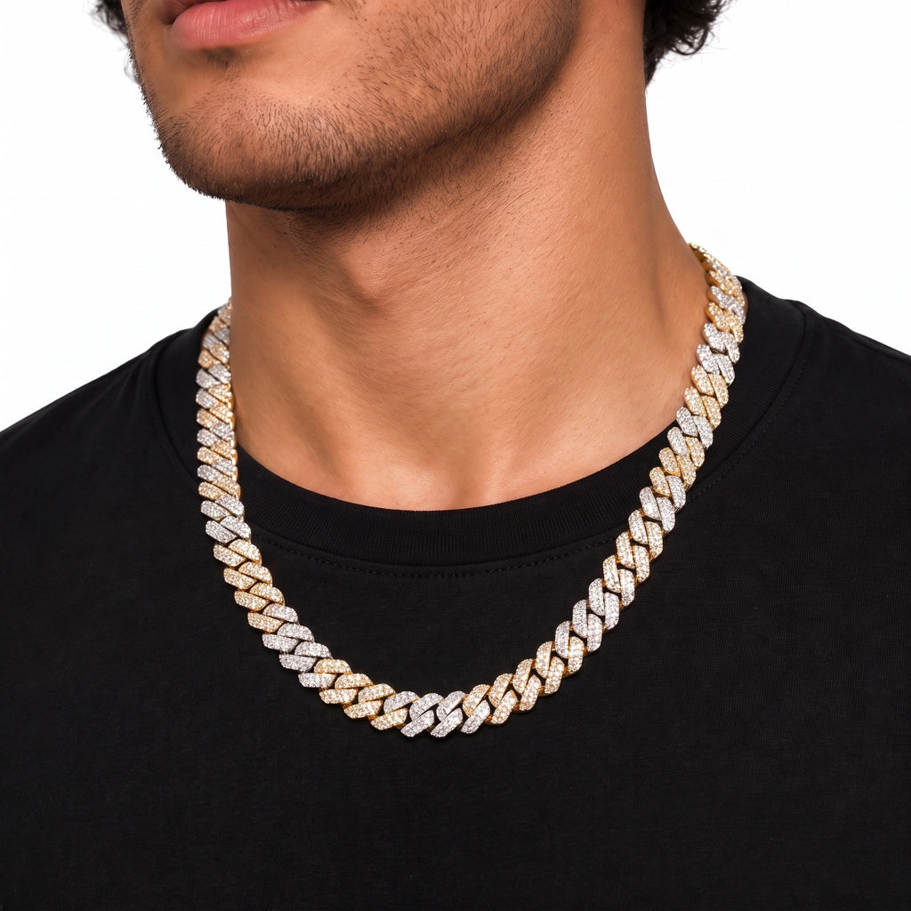 10mm Gold Two Tone Moissanite 3D Prong Cuban Chain