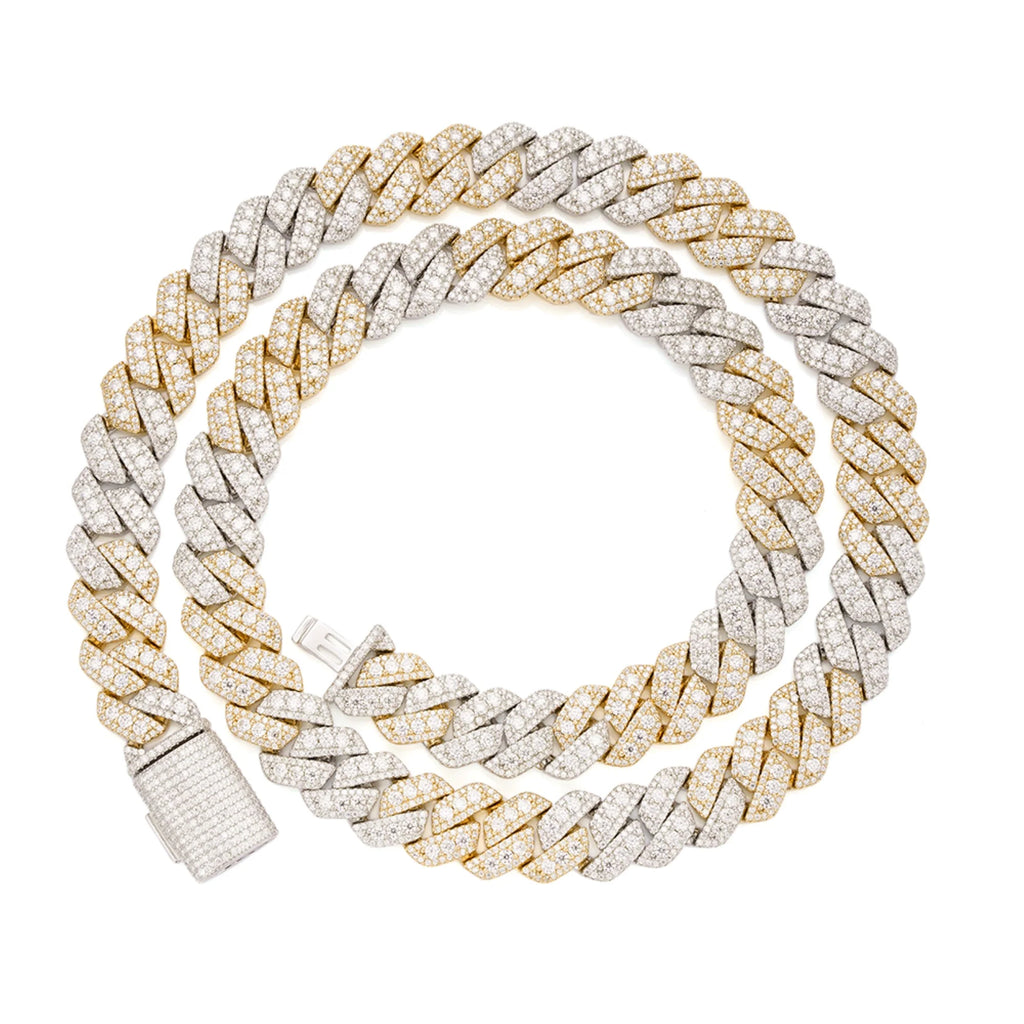 3D Set Moissanite Cuban Chain 14mm 22" - Gold Over 925 Silver Two Tone