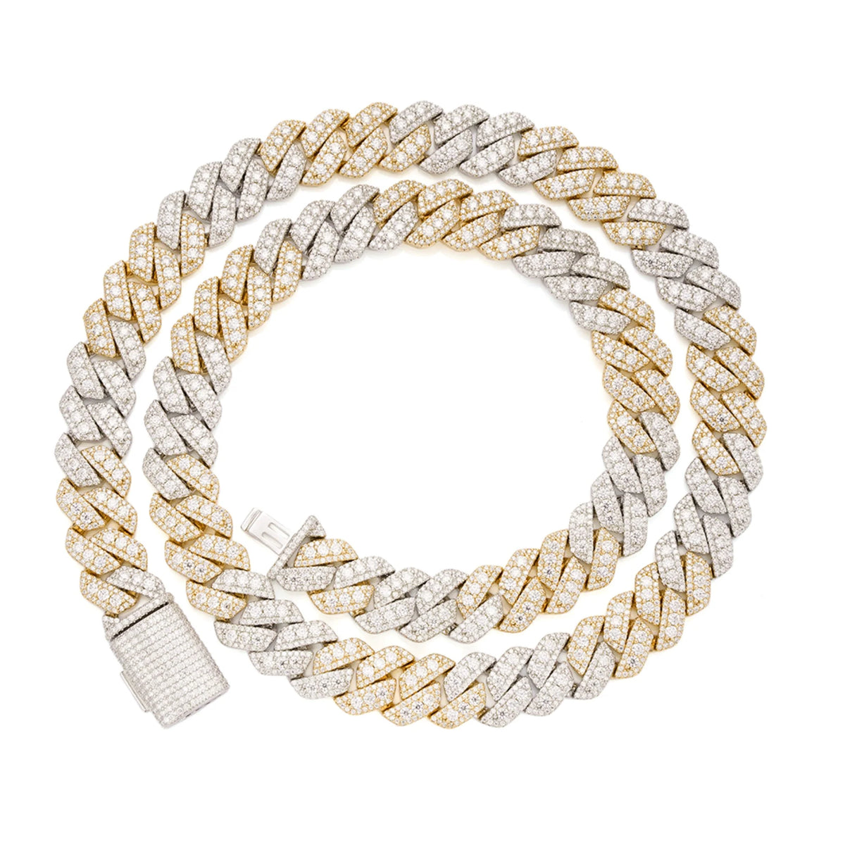 3D Set Moissanite Cuban Chain 14mm 22" - Gold Over 925 Silver Two Tone