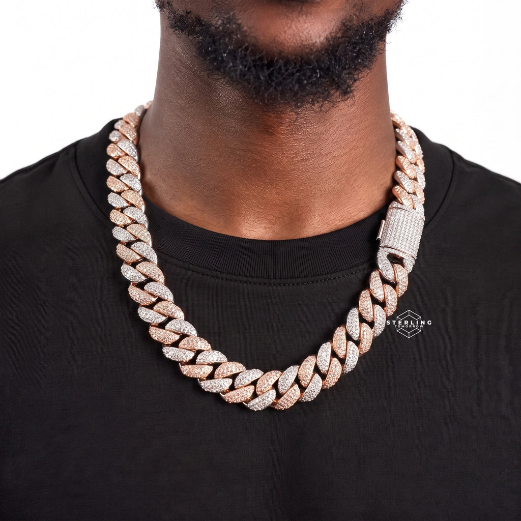 15mm Moissanite Miami Cuban Chain 925 / Rose Gold Two Tone