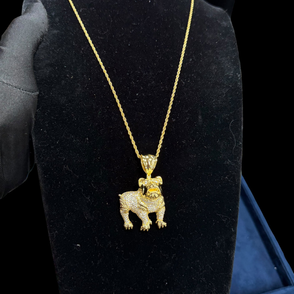 14K Gold Iced Out Bulldog Pendant | CZ Diamond Hip Hop Dog Necklace | 3D Bulldog Bling Charm