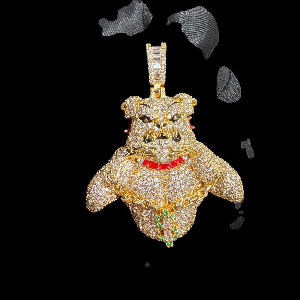 14K Gold Iced Out Bulldog Pendant | CZ Diamond Hip Hop Dog Necklace | Red Collar Bling Charm