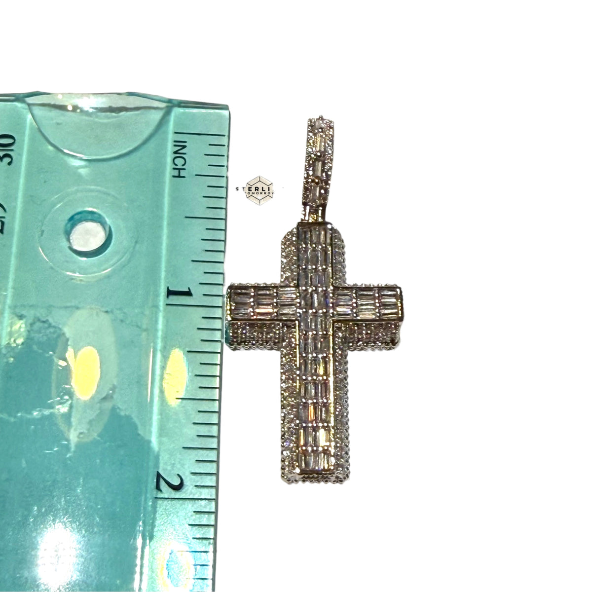 3D Cross 14k White Gold Plated Iced CZ Pendant + Steel Rope Chain