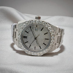 White Iced Out Moissanite Solitaire Prong Watch