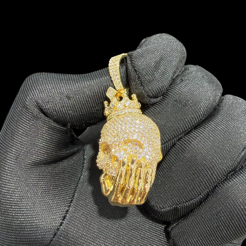 14K Gold Crowned Skull Pendant | Iced Out CZ Diamond Hip Hop Necklace | King Skull Bling Charm