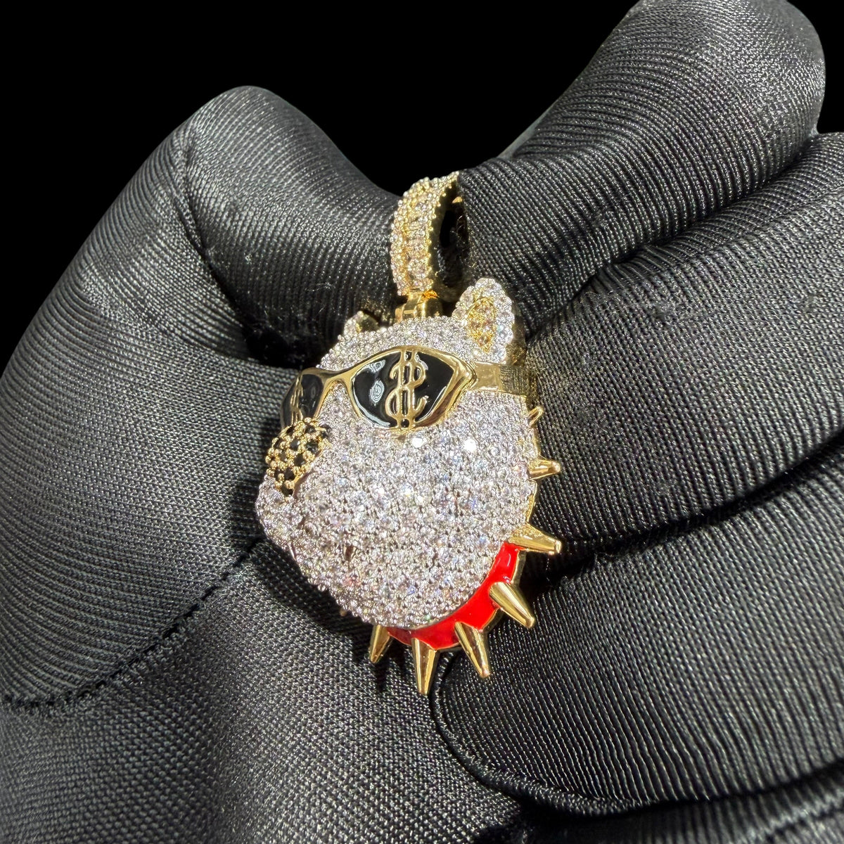14K Gold Iced Out Bulldog Pendant | CZ Diamond Hip Hop Dog Necklace | Dollar Sign Sunglasses Bling Charm