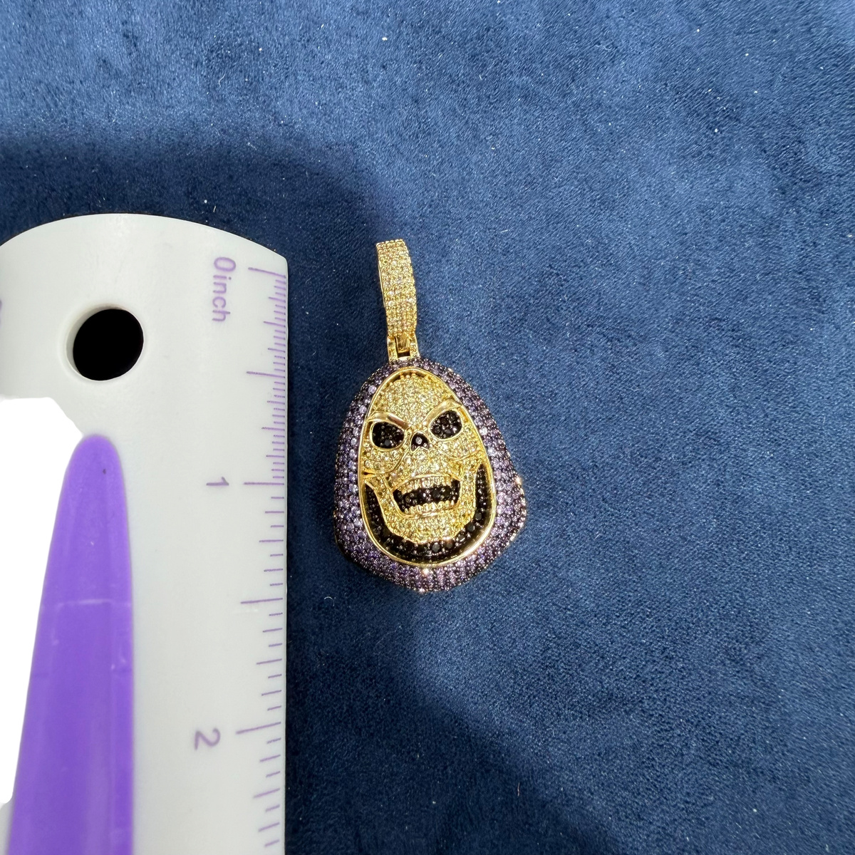 14K Gold Iced Out Skull Pendant | Black & Purple CZ Diamond Hip Hop Necklace