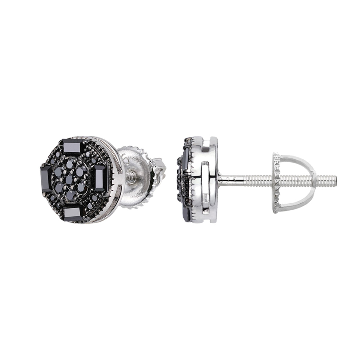 Black Moissanite Round Baguette Stud Earrings