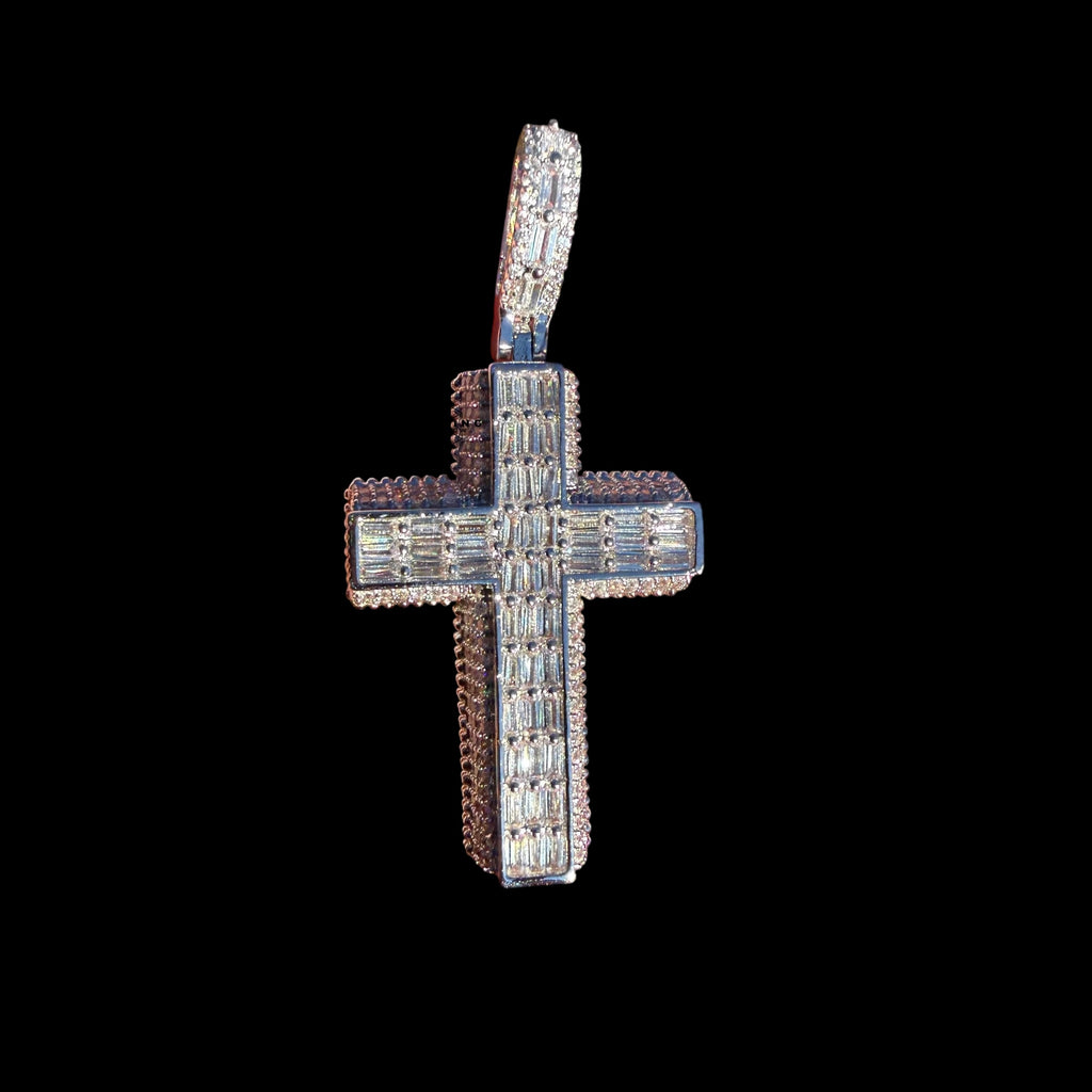 3D Cross 14k White Gold Plated Iced CZ Pendant + Steel Rope Chain