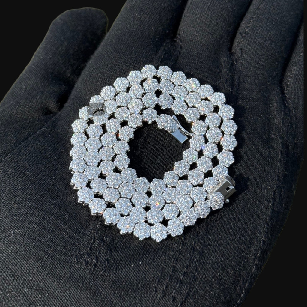 5mm Flower Cluster Tennis Chain or Bracelet, Iced Out 14K White Gold Plated Hip Hop Jewelry, Floral Necklace for Men Women
