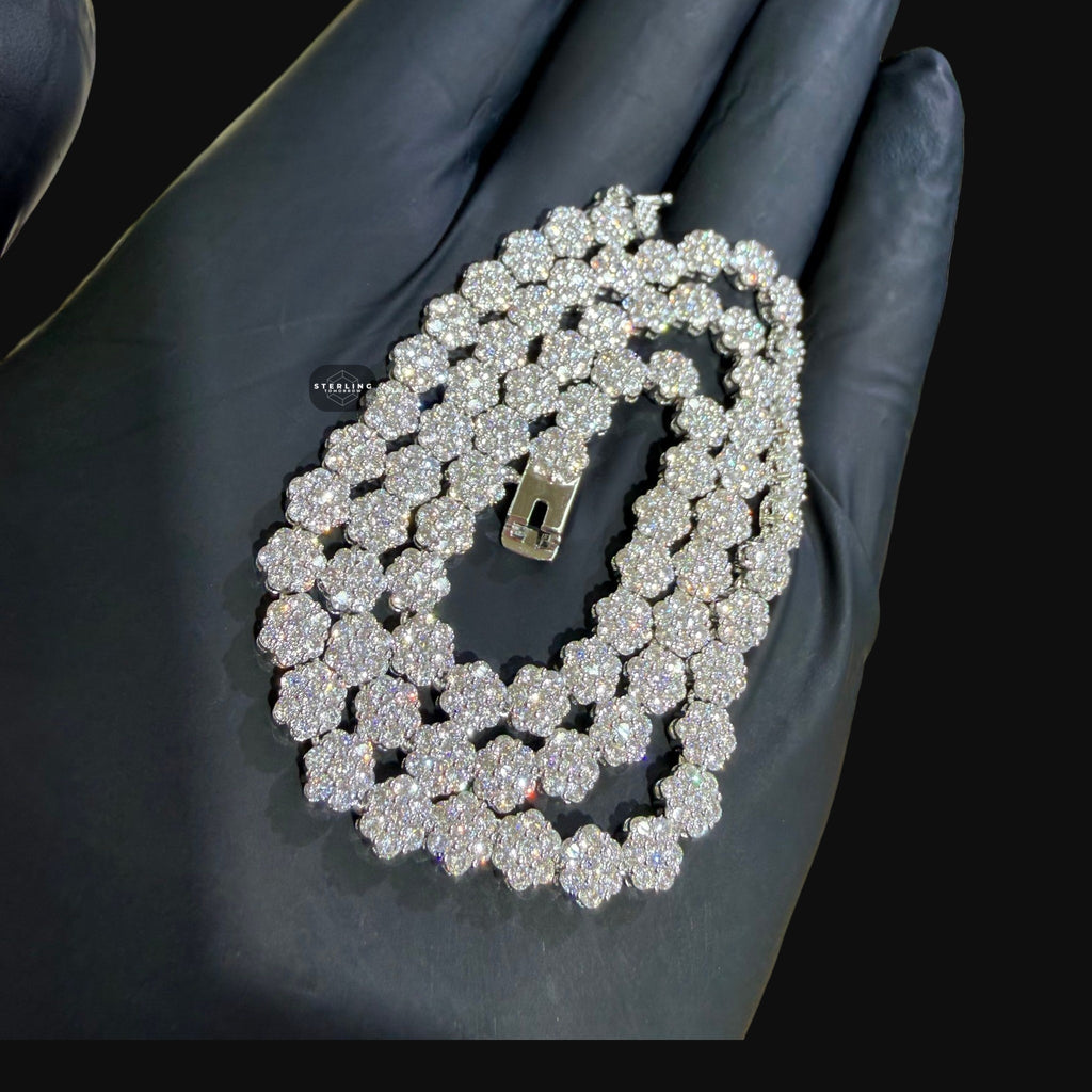 5mm Flower Cluster Tennis Chain or Bracelet, Iced Out 14K White Gold Plated Hip Hop Jewelry, Floral Necklace for Men Women