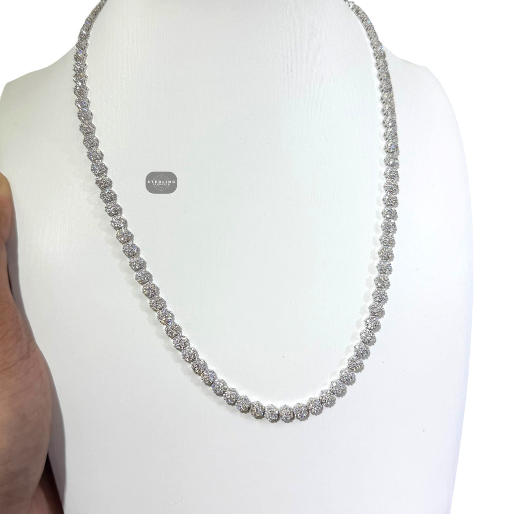 5mm Flower Cluster Tennis Chain or Bracelet, Iced Out 14K White Gold Plated Hip Hop Jewelry, Floral Necklace for Men Women