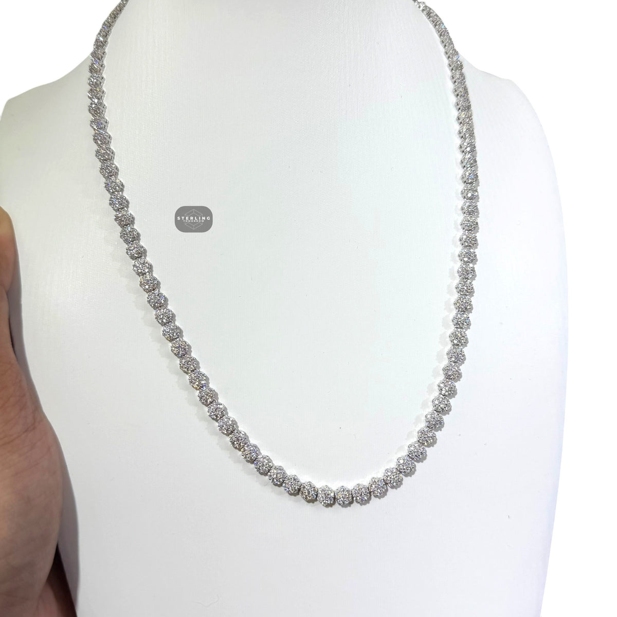 5mm Flower Cluster Tennis Chain or Bracelet, Iced Out 14K White Gold Plated Hip Hop Jewelry, Floral Necklace for Men Women