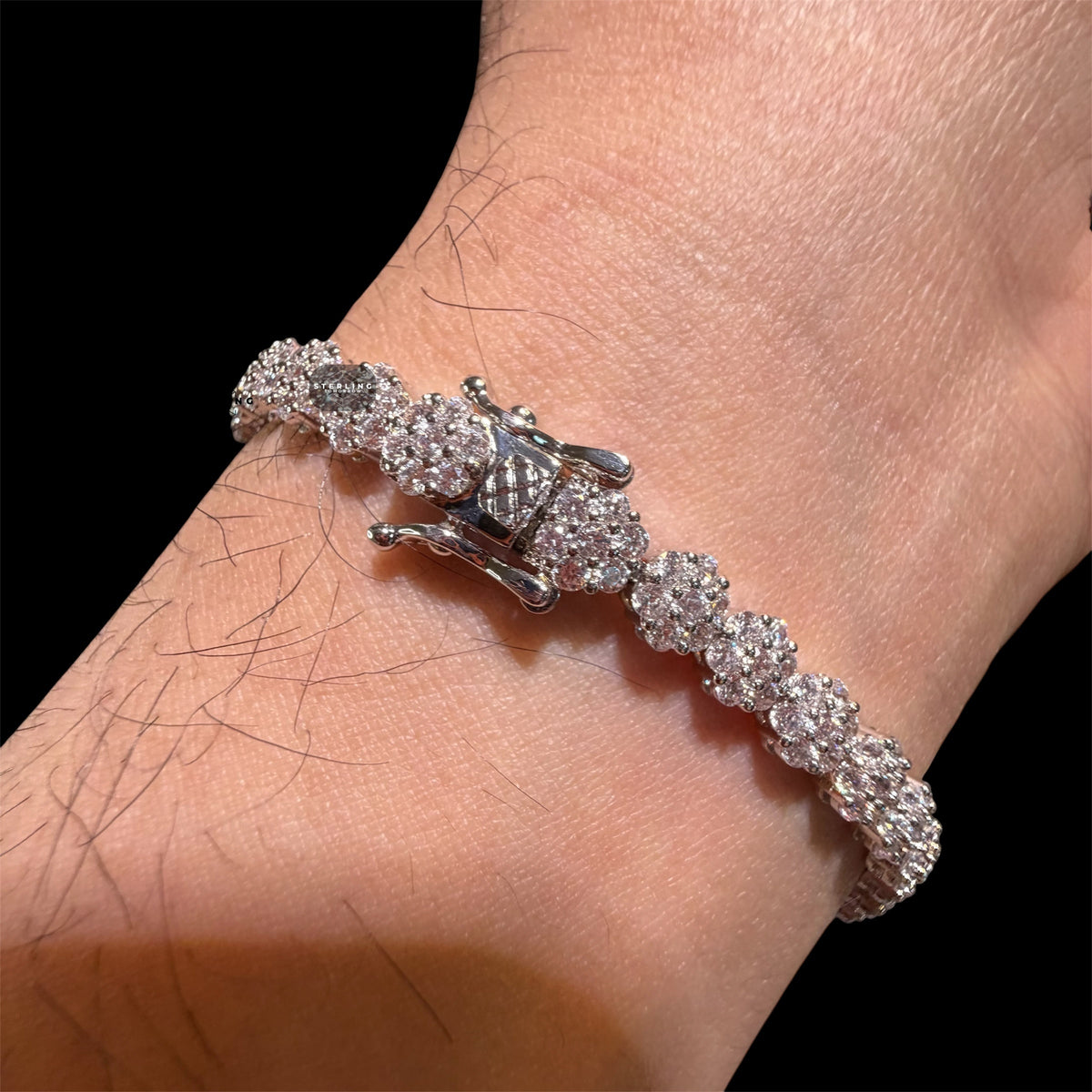 5mm Flower Cluster Tennis Chain or Bracelet, Iced Out 14K White Gold Plated Hip Hop Jewelry, Floral Necklace for Men Women