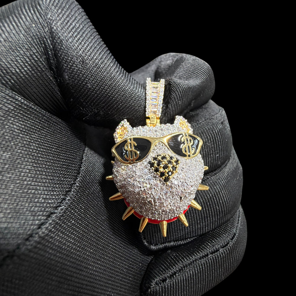 14K Gold Iced Out Bulldog Pendant | CZ Diamond Hip Hop Dog Necklace | Dollar Sign Sunglasses Bling Charm