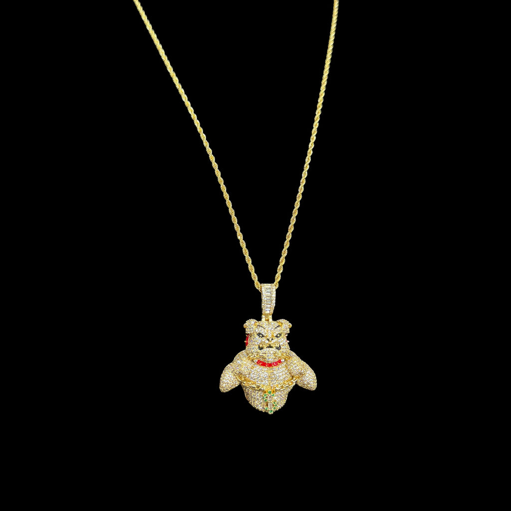 14K Gold Iced Out Bulldog Pendant | CZ Diamond Hip Hop Dog Necklace | Red Collar Bling Charm