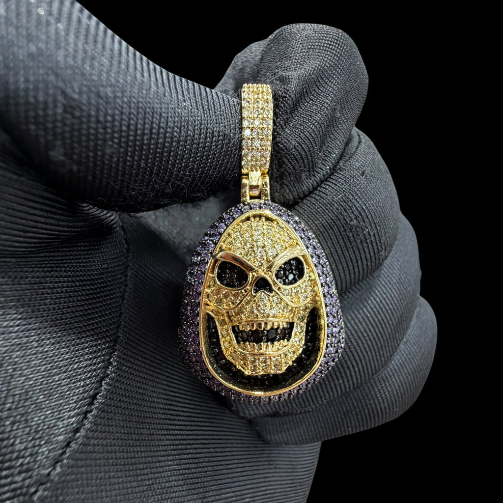 14K Gold Iced Out Skull Pendant | Black & Purple CZ Diamond Hip Hop Necklace