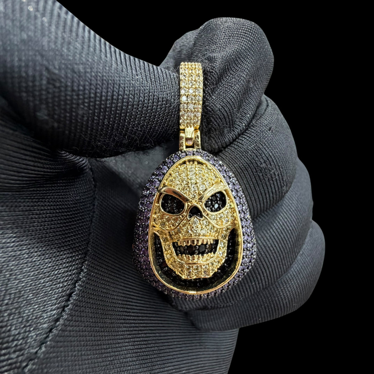 14K Gold Iced Out Skull Pendant | Black & Purple CZ Diamond Hip Hop Necklace