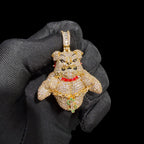 14K Gold Iced Out Bulldog Pendant | CZ Diamond Hip Hop Dog Necklace | Red Collar Bling Charm