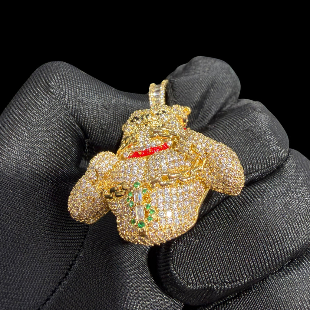 14K Gold Iced Out Bulldog Pendant | CZ Diamond Hip Hop Dog Necklace | Red Collar Bling Charm