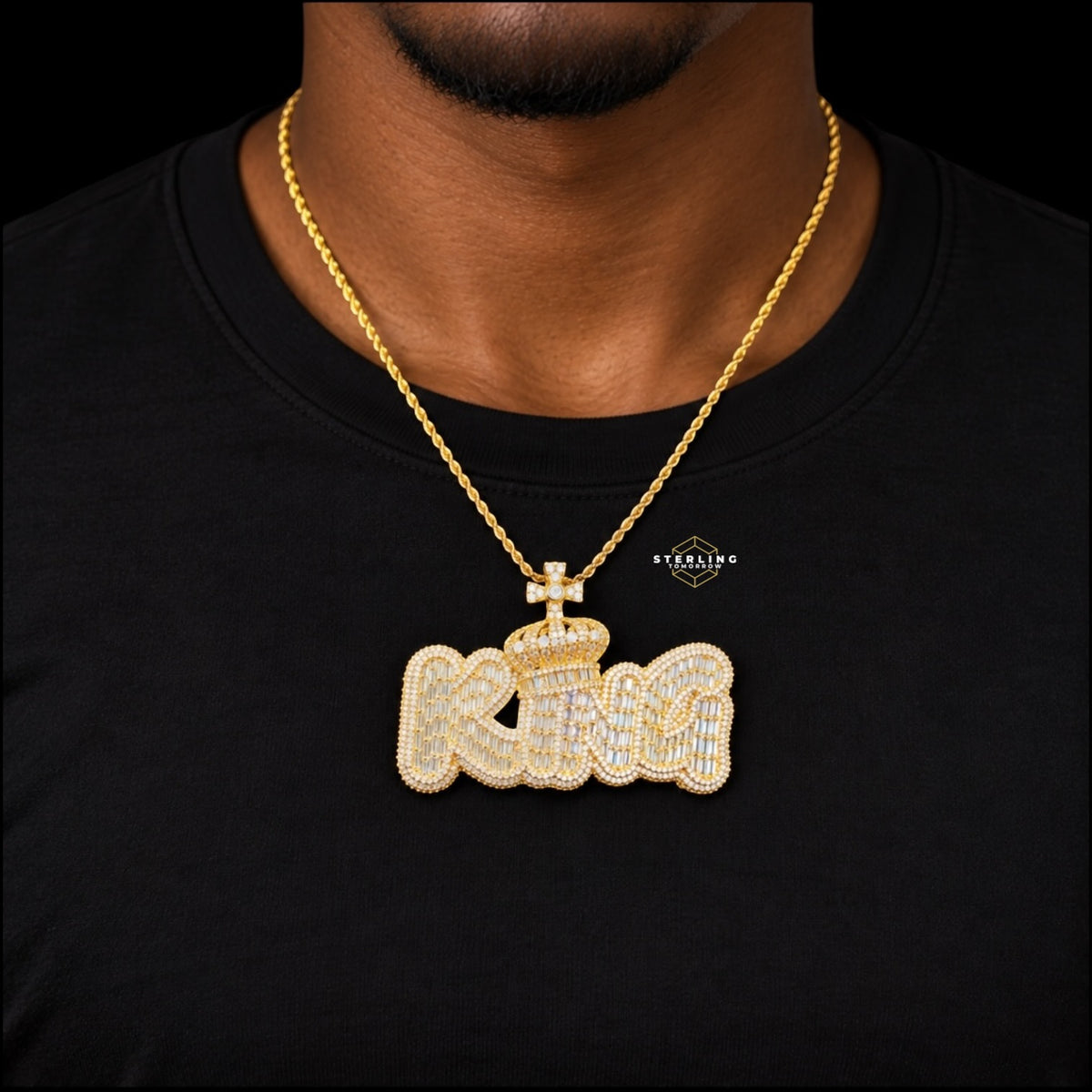 King Baguette Pendant 14k Gold Finish