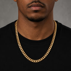 Model wearing 8mm gold miami Cuban chain necklace 