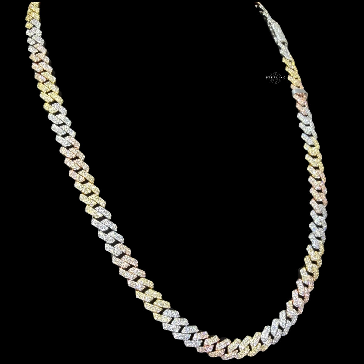 Moissanite Prong Cuban Tri Color Chain 8mm 22"