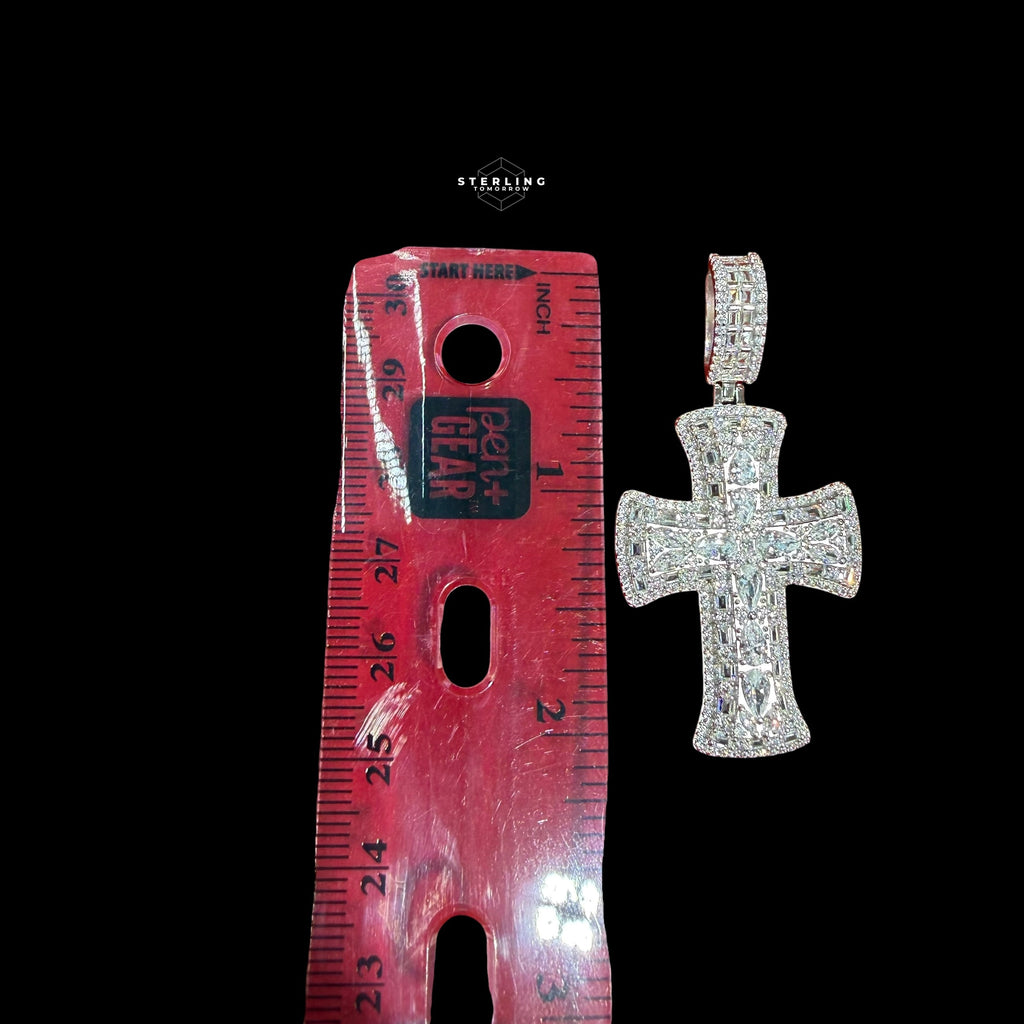 Iced Out Cross Pendant, Solid 925 Sterling Silver VVS Simulated CZ Diamond Necklace, Hip Hop Jewelry, 22 Inch Rope Chain