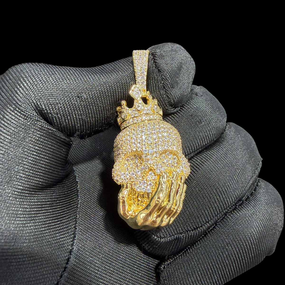 14K Gold Crowned Skull Pendant | Iced Out CZ Diamond Hip Hop Necklace | King Skull Bling Charm