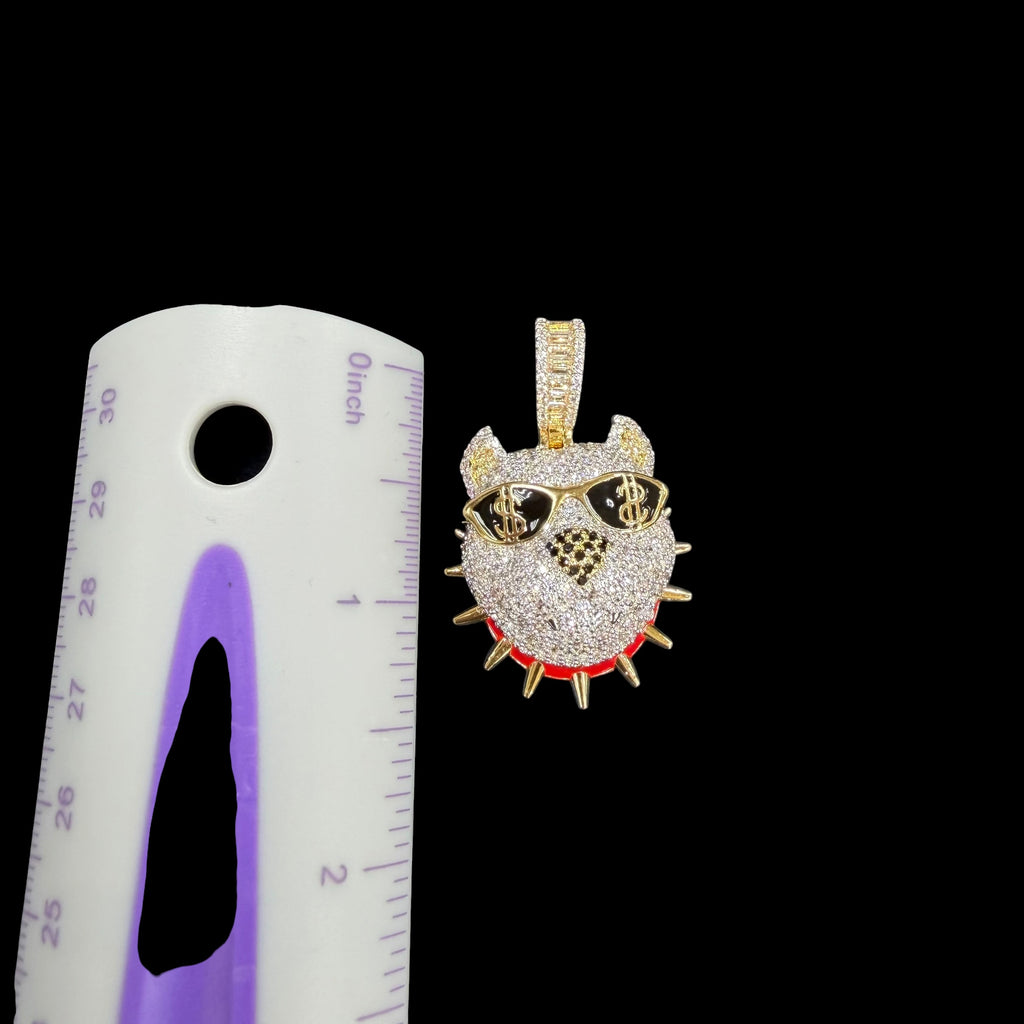 14K Gold Iced Out Bulldog Pendant | CZ Diamond Hip Hop Dog Necklace | Dollar Sign Sunglasses Bling Charm