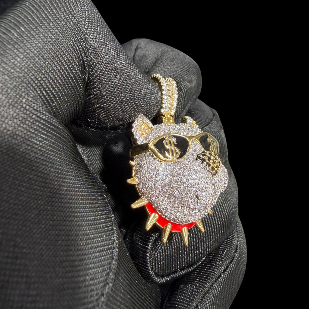 14K Gold Iced Out Bulldog Pendant | CZ Diamond Hip Hop Dog Necklace | Dollar Sign Sunglasses Bling Charm