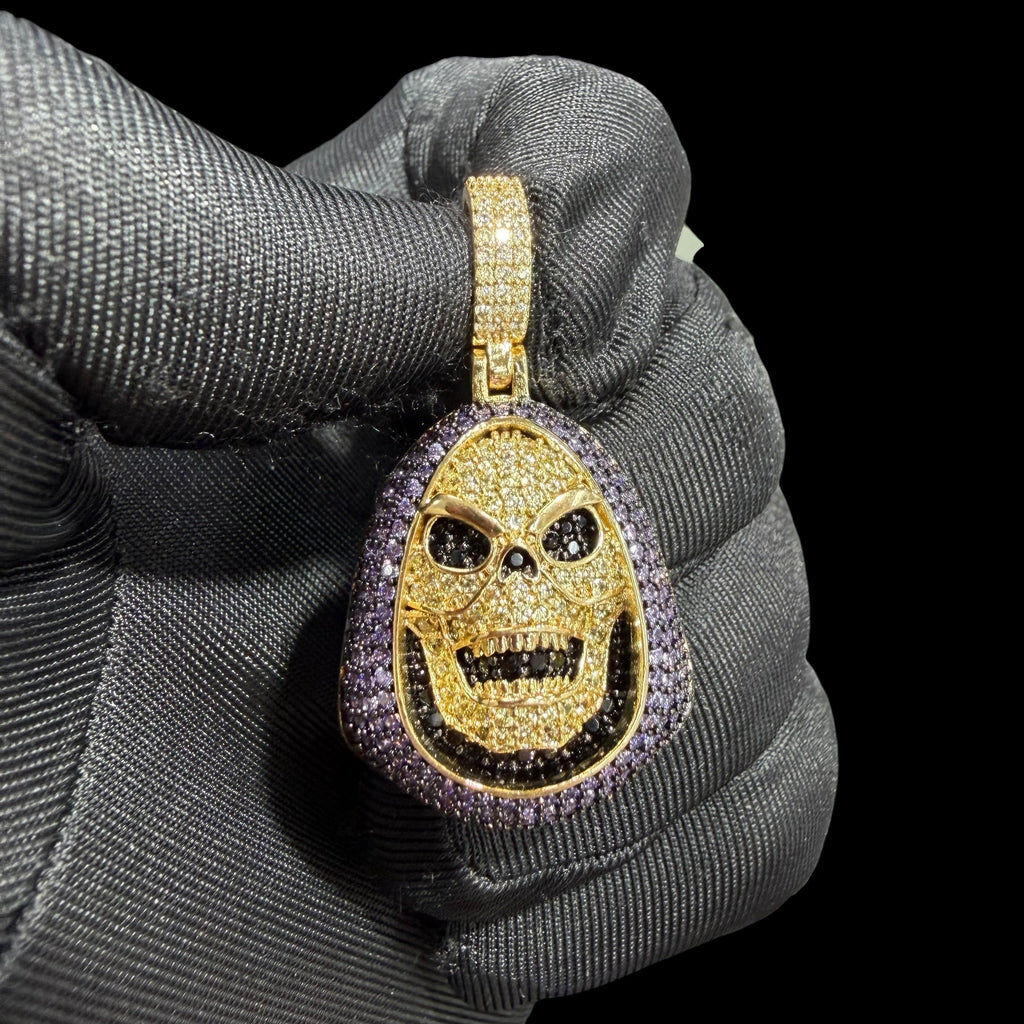 14K Gold Iced Out Skull Pendant | Black & Purple CZ Diamond Hip Hop Necklace