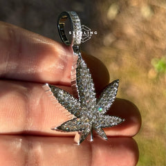 Marijuana Iced Out Silver Tone Pendant with Rope Chain