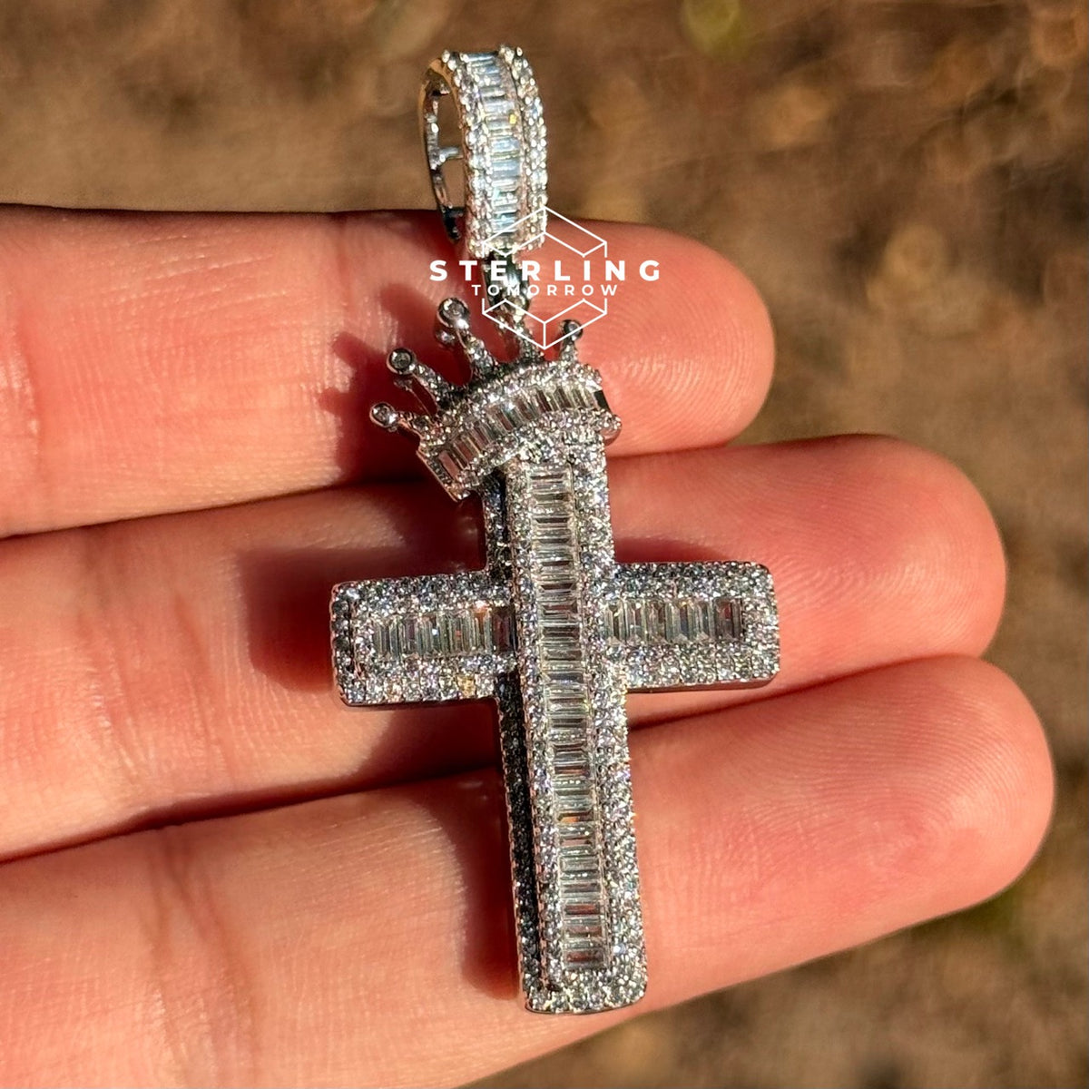 Cross with Crown Silver Iced Out Pendant
