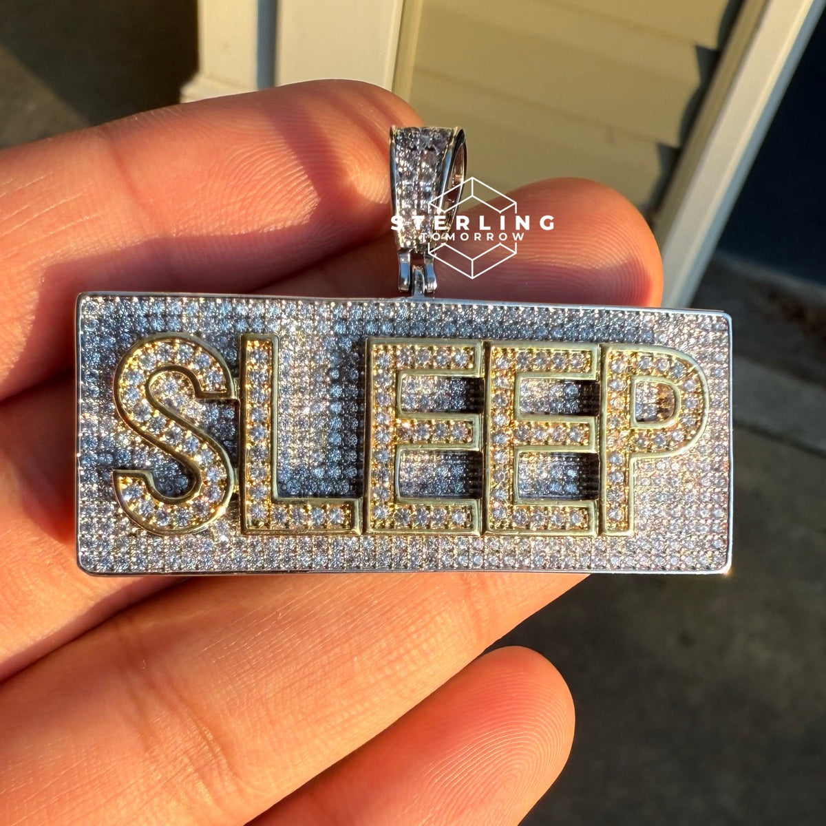 Sleep Name Plate Iced Out Gold Tone Pendant with Rope chain