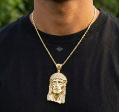 Large Gold Iced Out Jesus Pendant 14k Gold Plated + Steel Rope Chain