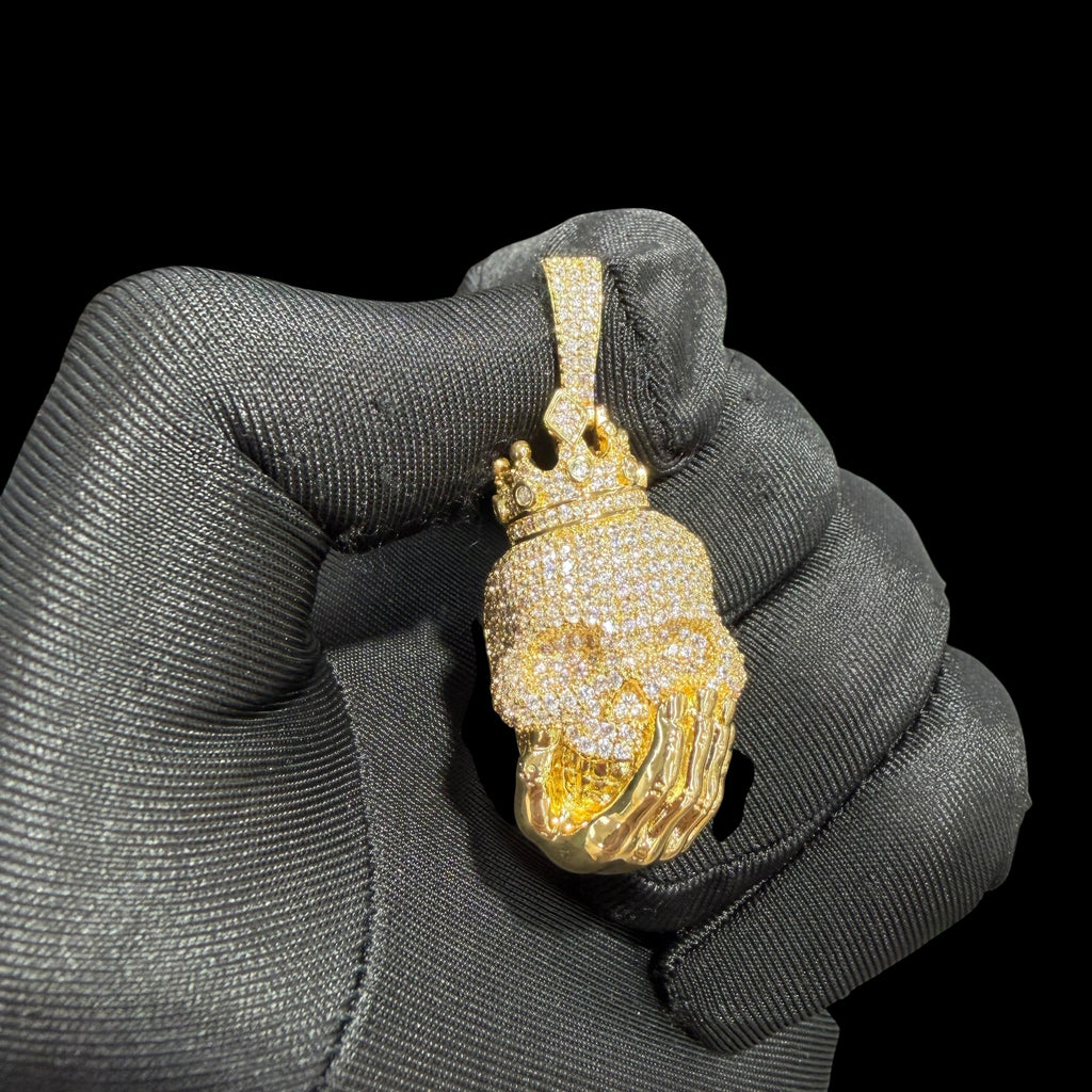 14K Gold Crowned Skull Pendant | Iced Out CZ Diamond Hip Hop Necklace | King Skull Bling Charm