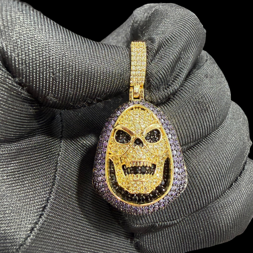 14K Gold Iced Out Skull Pendant | Black & Purple CZ Diamond Hip Hop Necklace