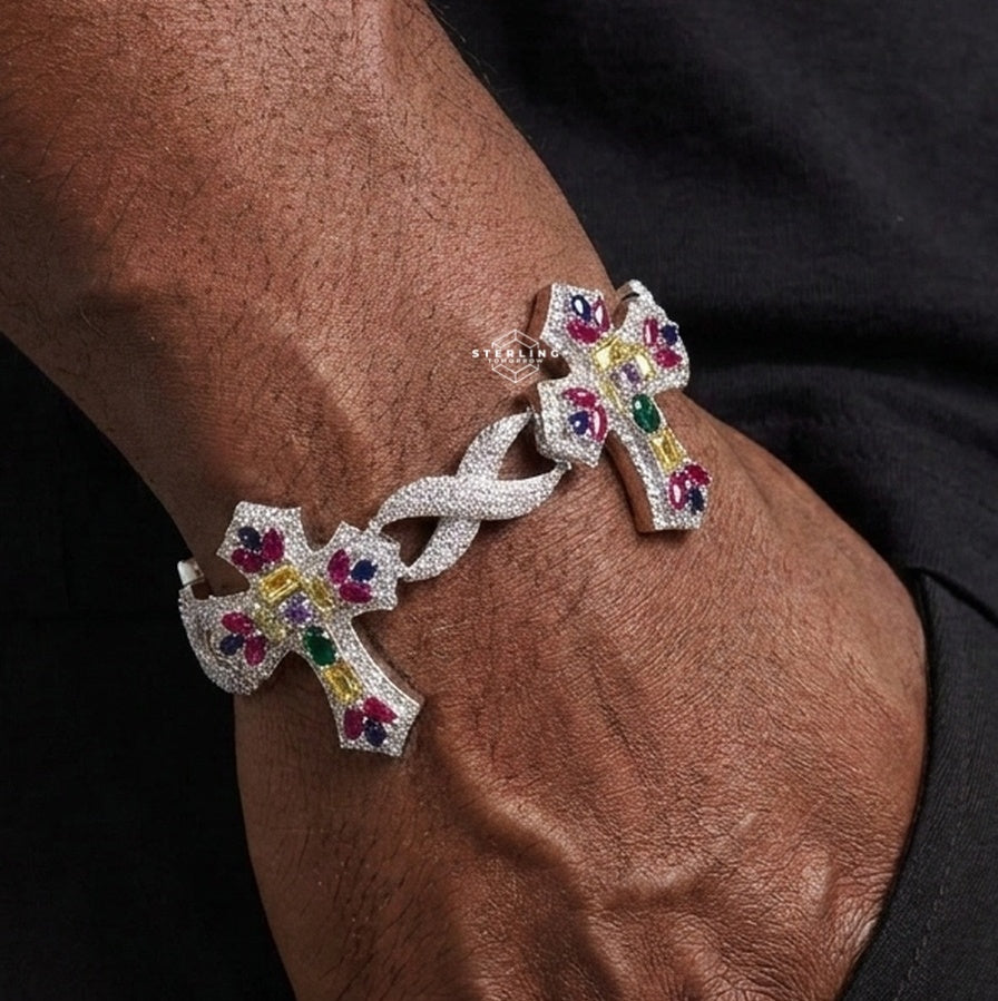 Mens Gemstone Moissanite Cross Infinity Bracelet